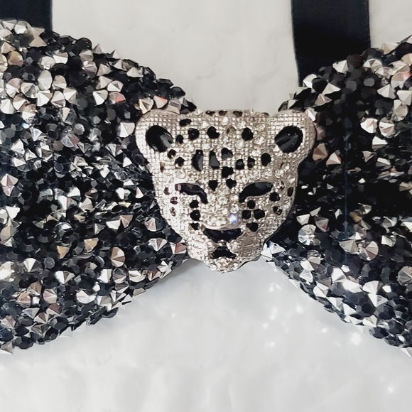 Mens blinged out leopard bowtie wedding groom black tie suit custom handmade OS - Picture 2 of 12